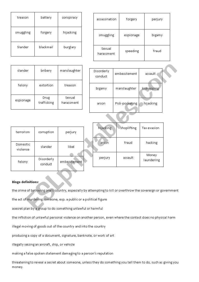 Crime Bingo worksheet