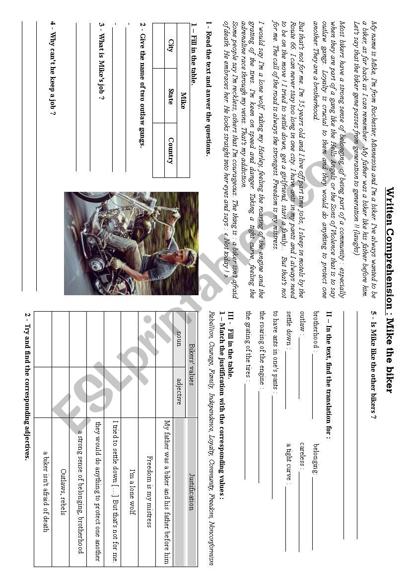 Mike the Bikers Life worksheet