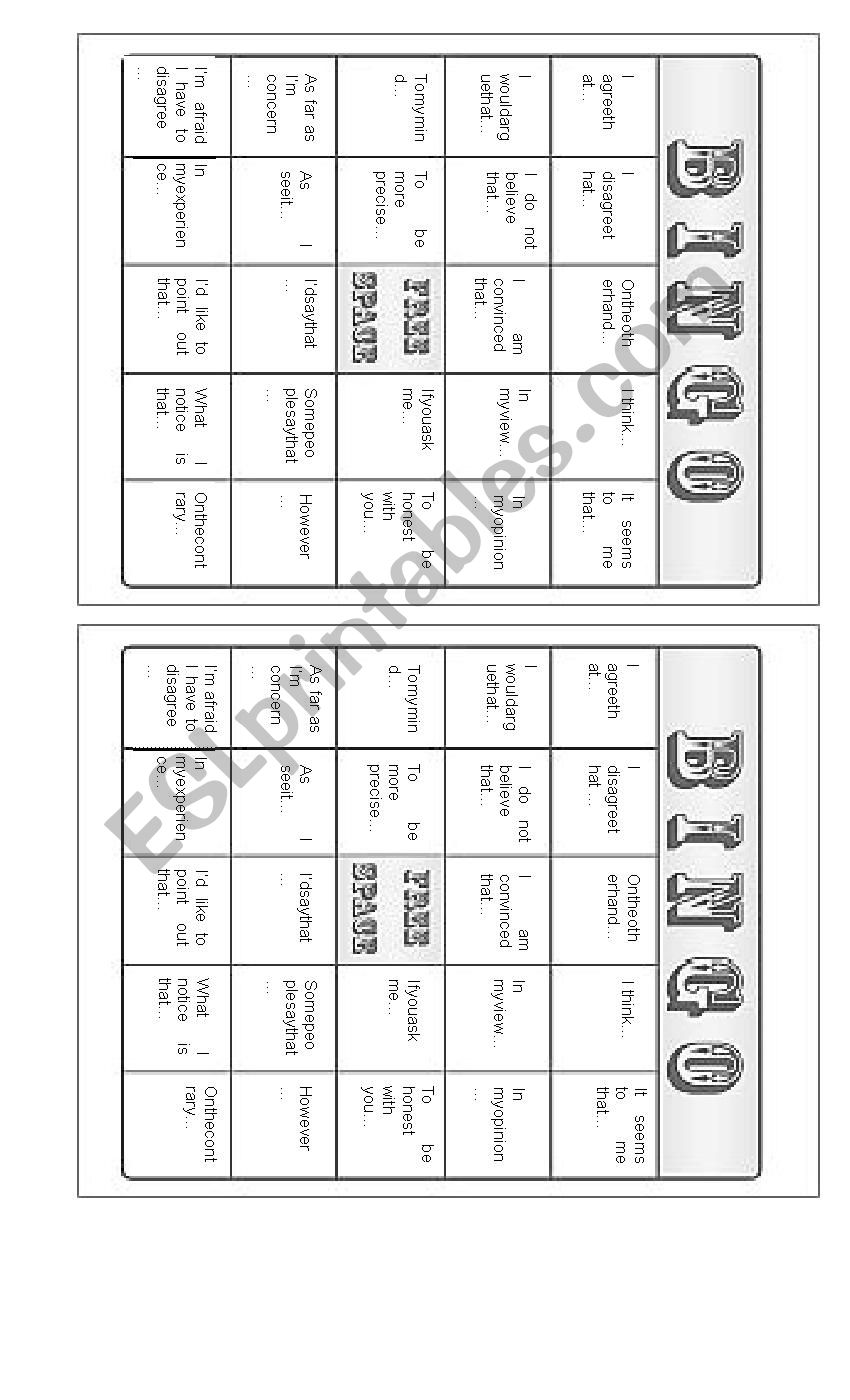 Giving Arguments Bingo worksheet