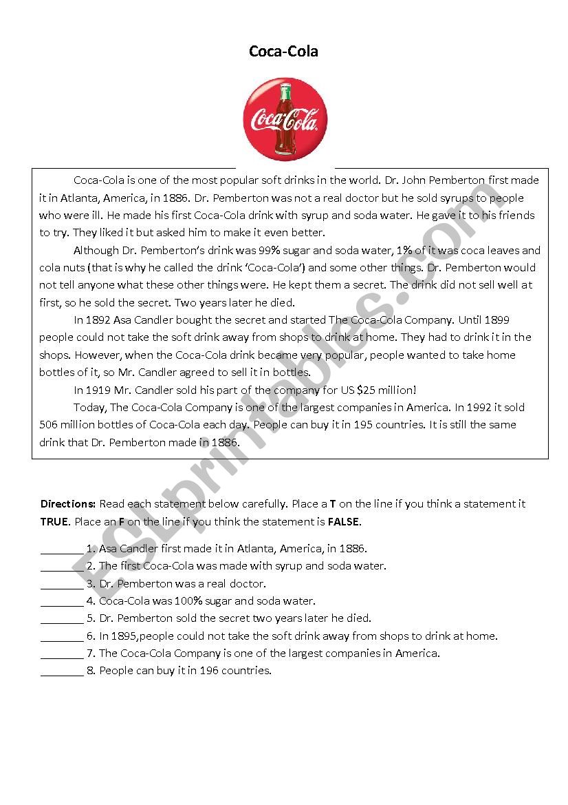 Coca Cola worksheet