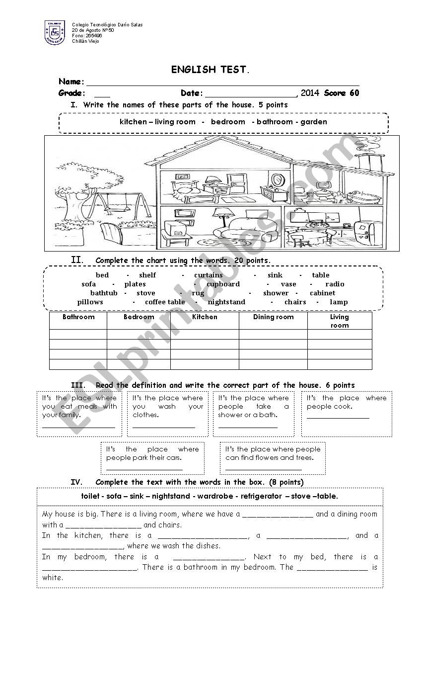 House and furniture test worksheet