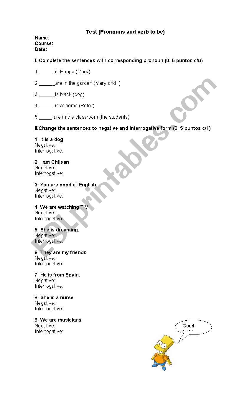 test verb to be worksheet