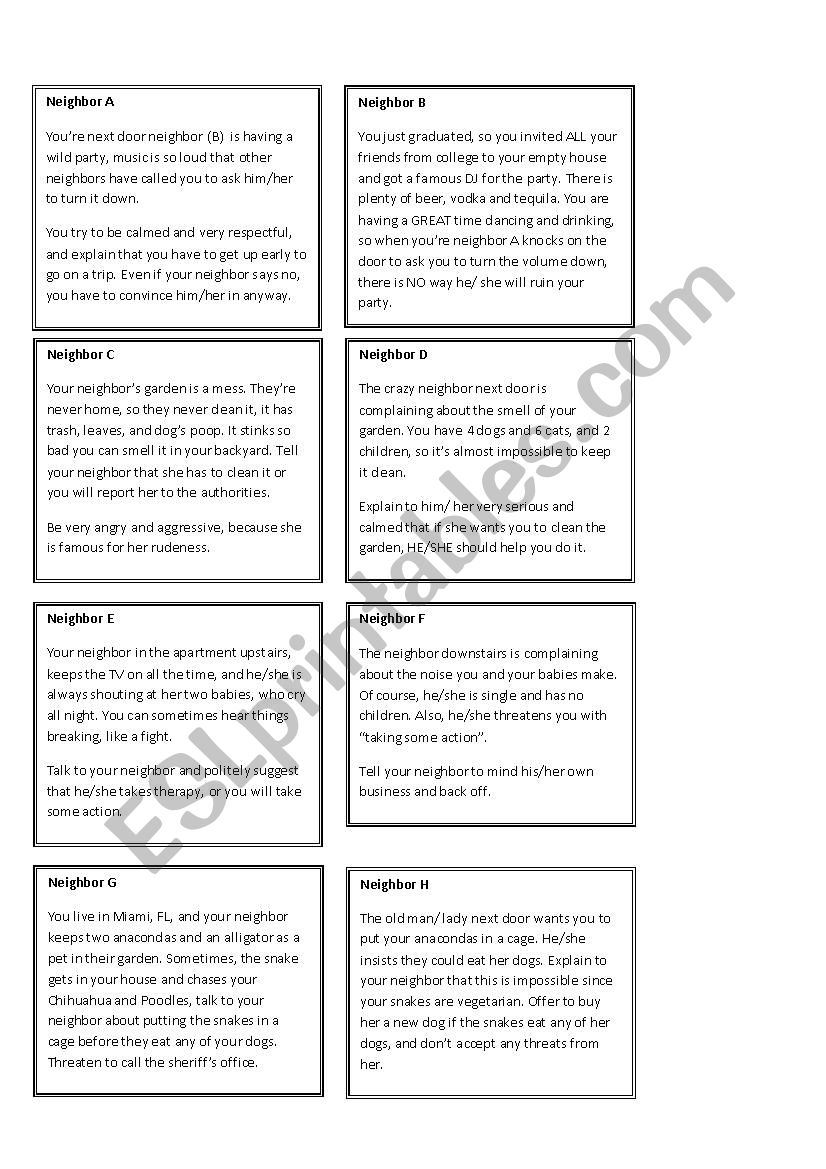 Neighbors Role Play worksheet