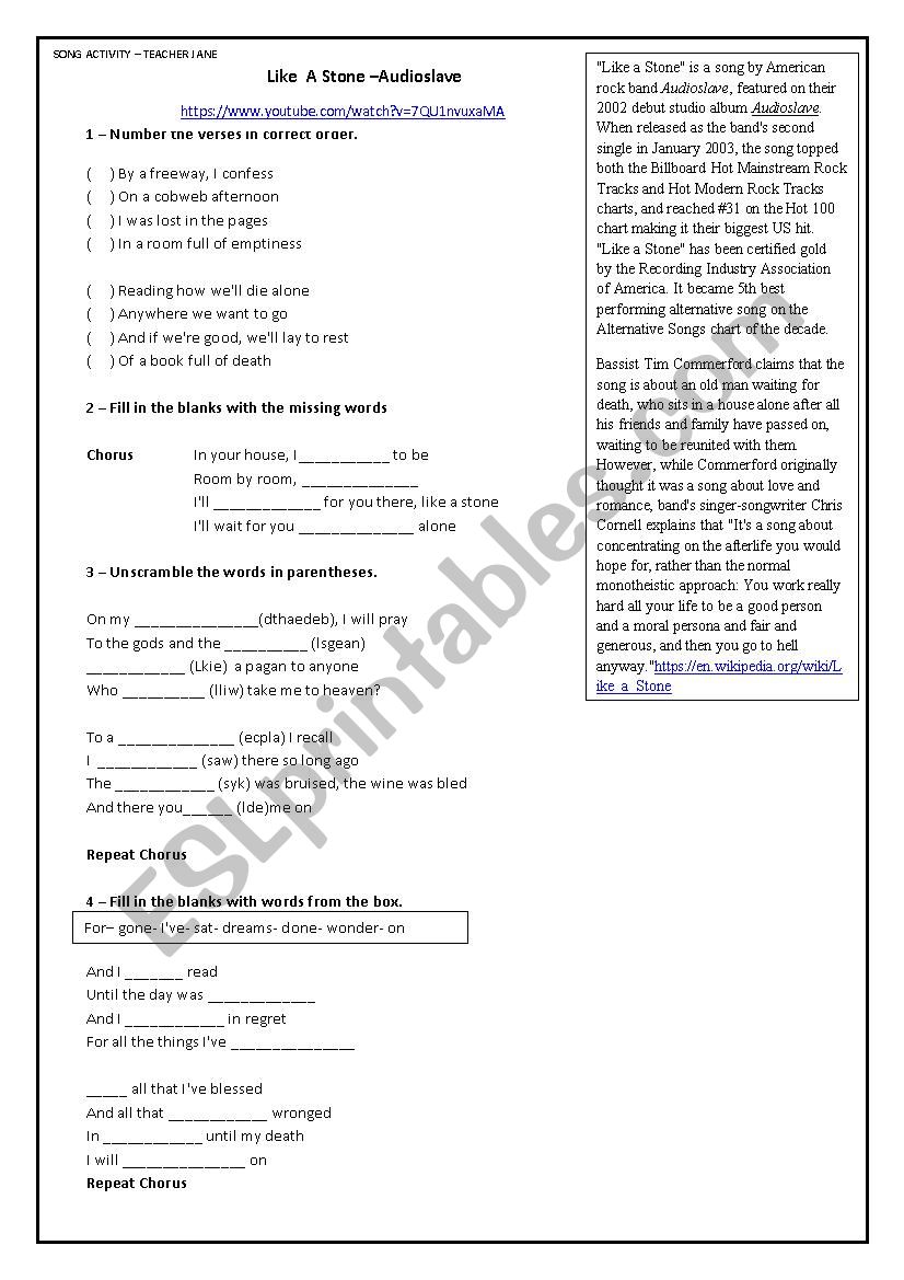 Song activity worksheet