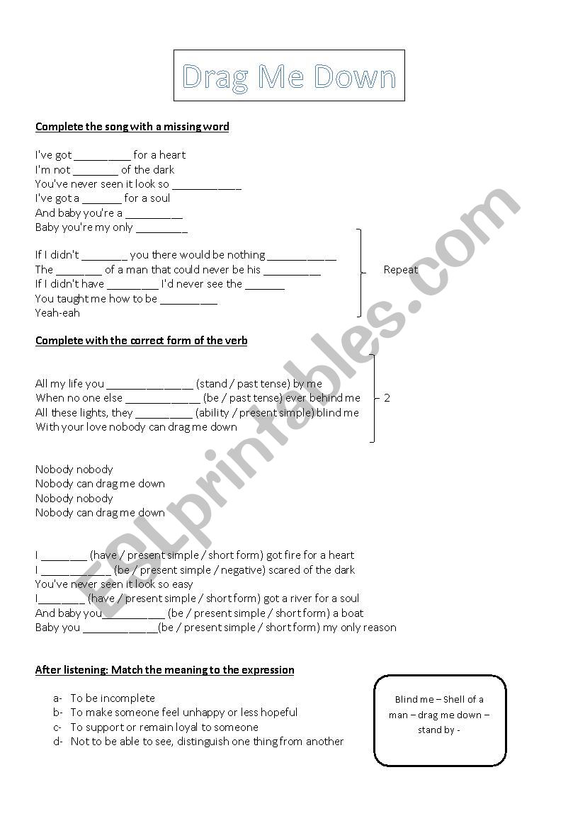 Drag Me down worksheet