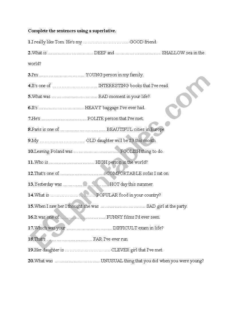 adjectives - superlative worksheet