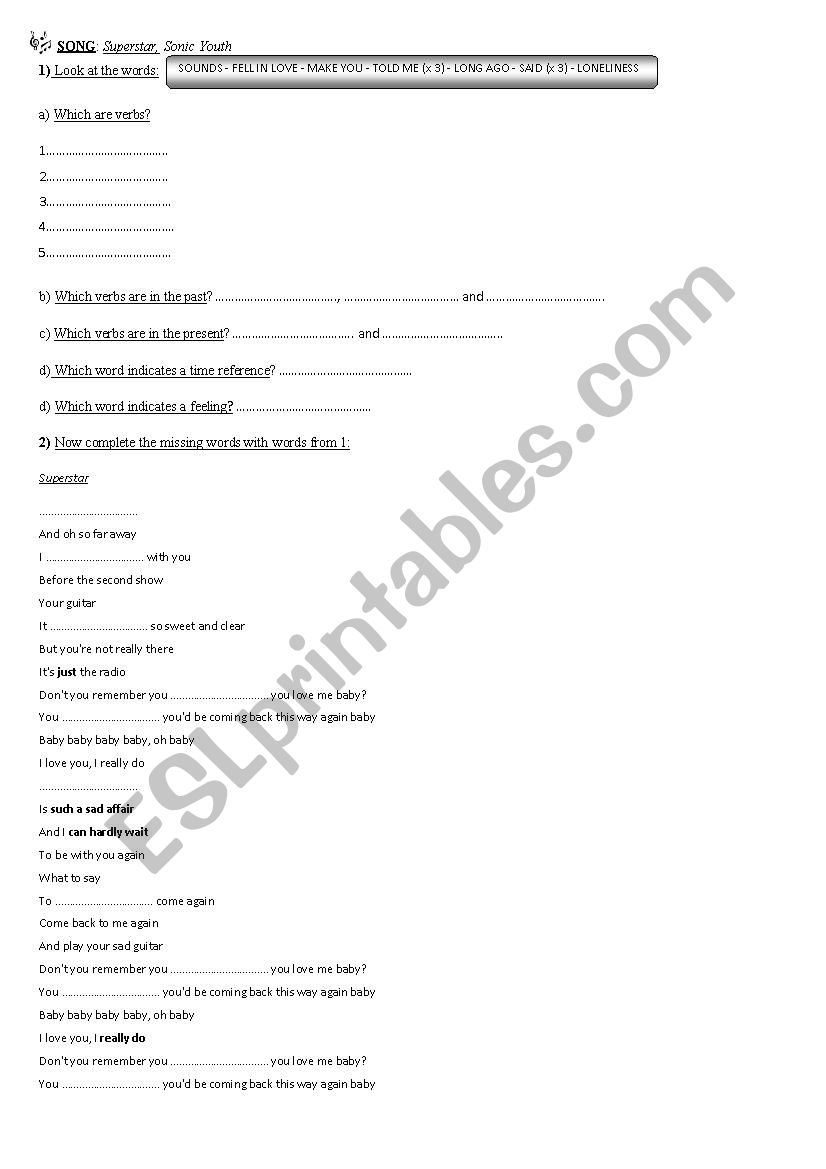 Song Superstar worksheet