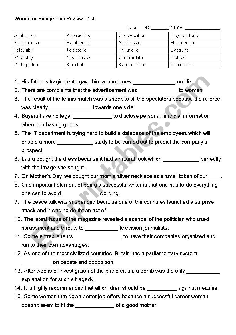 Words Recognition worksheet