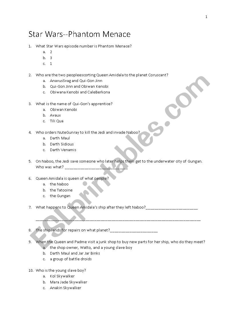 Star Wars Phantom Menace  worksheet