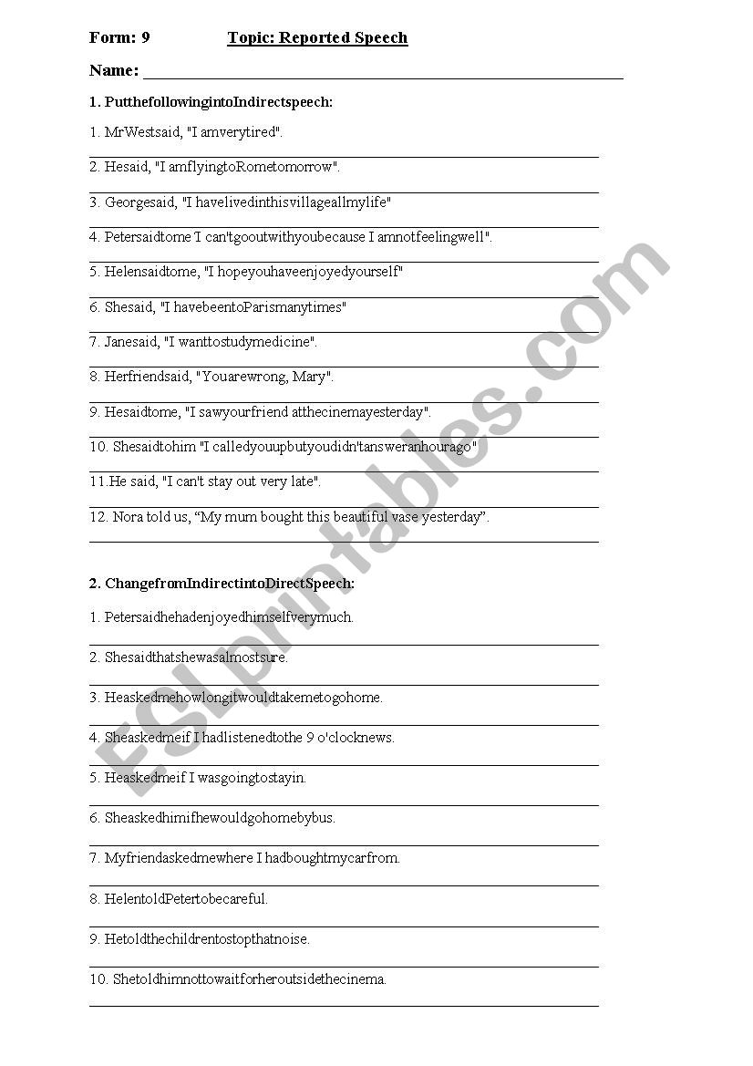 Reported speech. worksheet