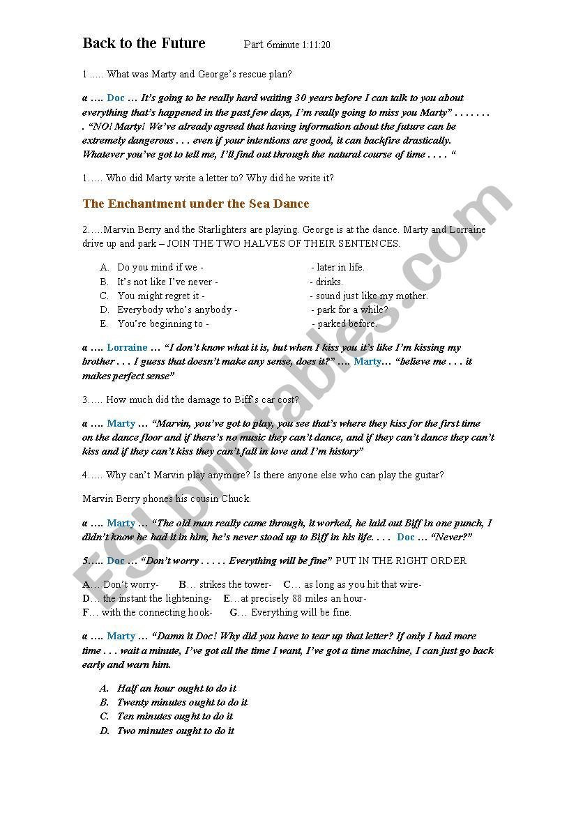 Back to the Future: Question sheet - part 6 of 6