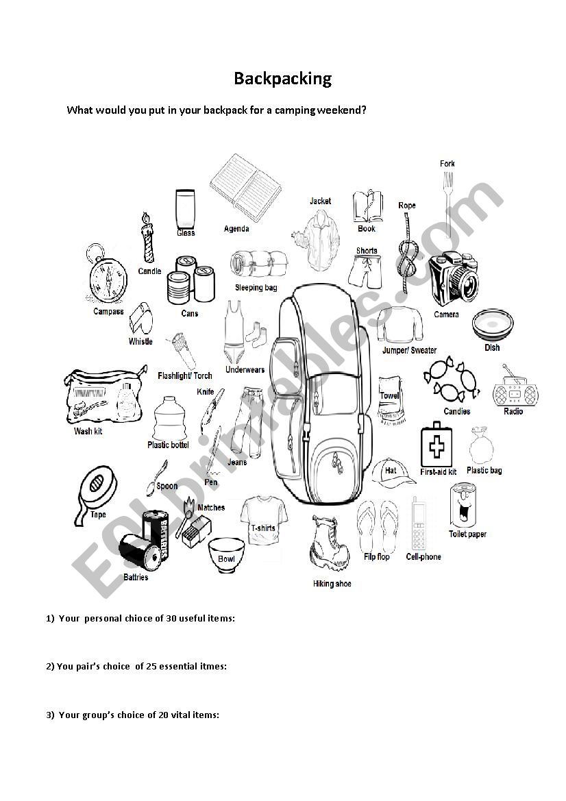 Traveling, Backpacking worksheet