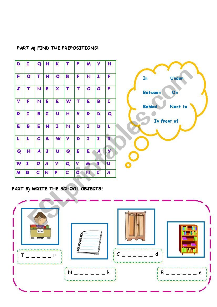 there is / there are activities with school objects and prepositions of place