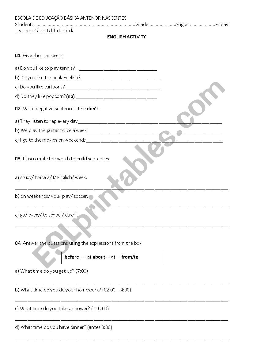 prova simple present worksheet