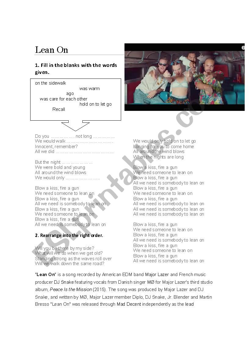 Song Worksheet _ Lean On worksheet