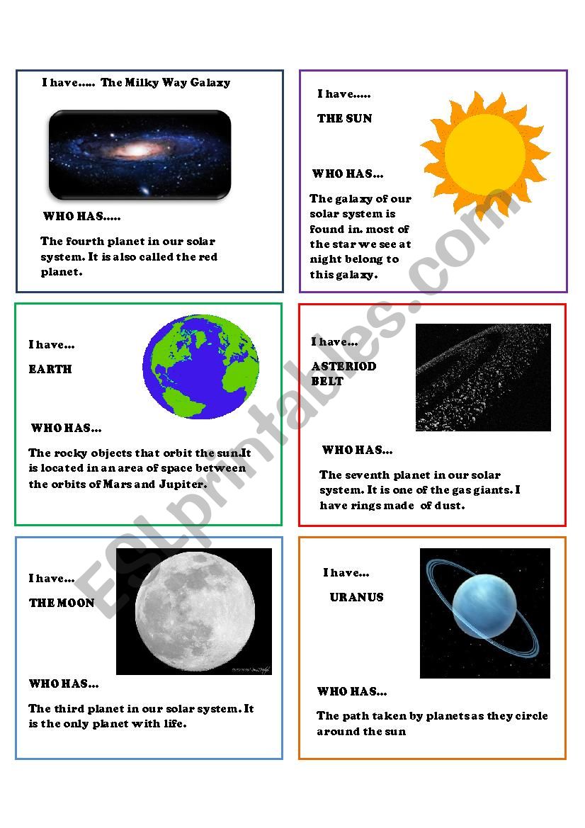 solar system cards  worksheet