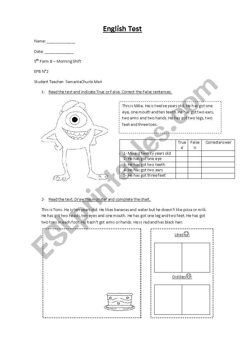 Monsters Test - Body Parts - Likes and Dislkes - Has got