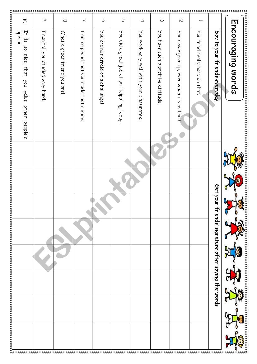 Encouraging words worksheet