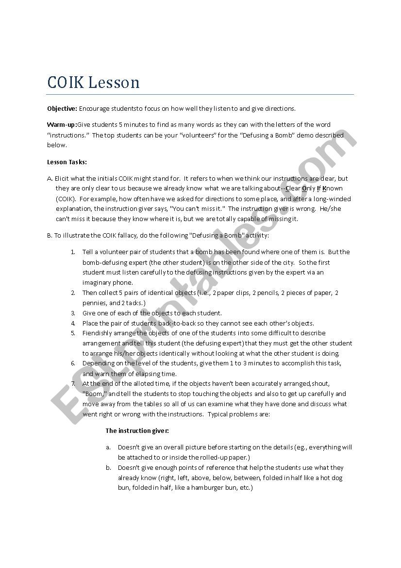 COIK Lesson worksheet