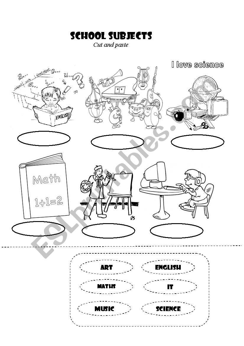 cut and paste school subject worksheet