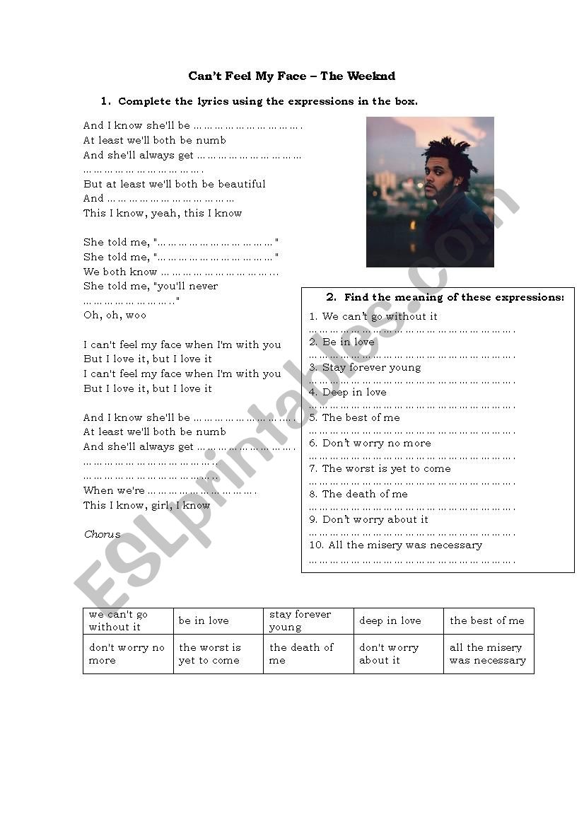 Song Worksheet - Cant feel my face, The Weeknd