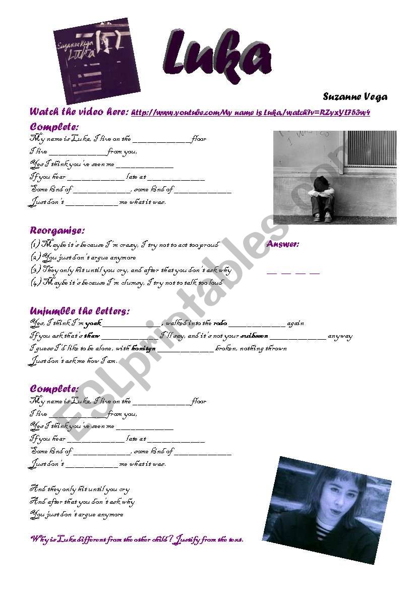 Luka - Suzanne Vega worksheet
