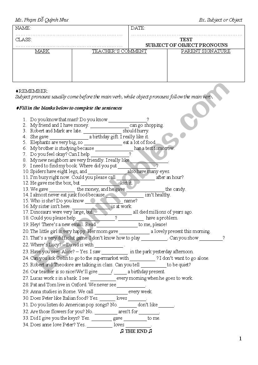 Subject or object pronouns worksheet
