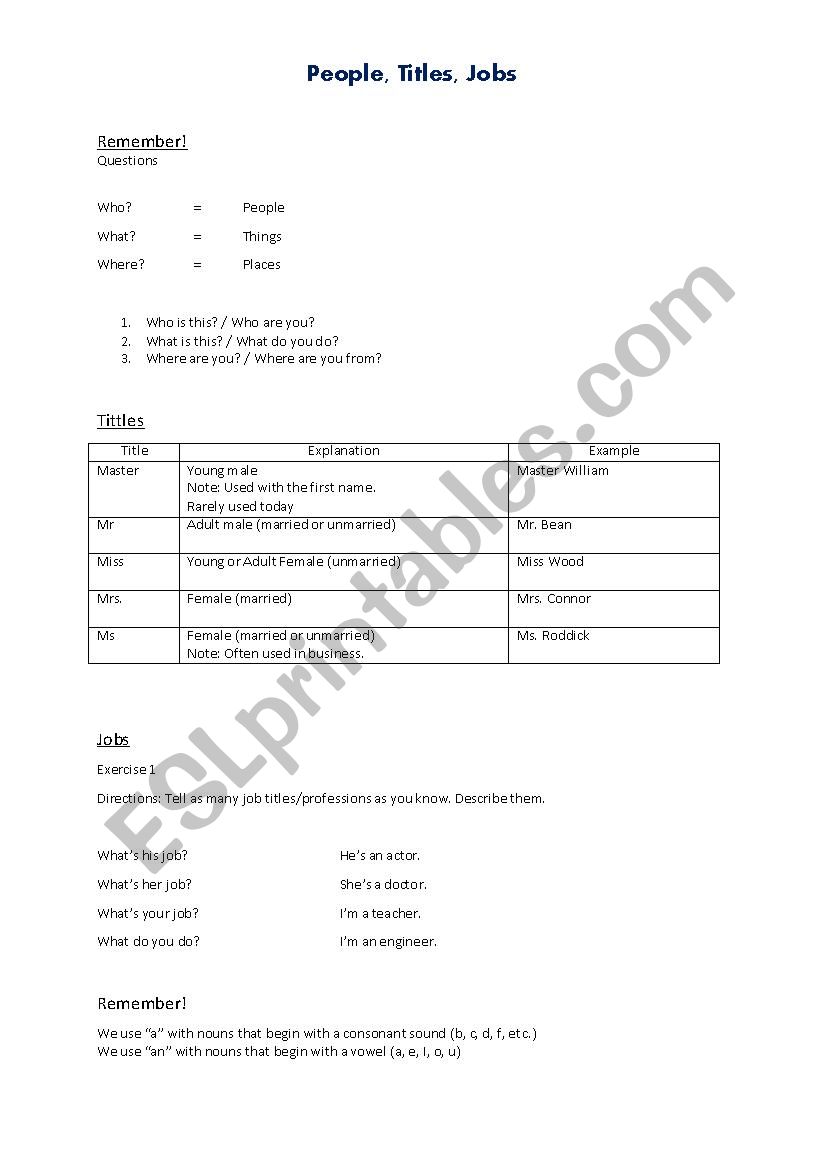 People, Titles, Jobs worksheet
