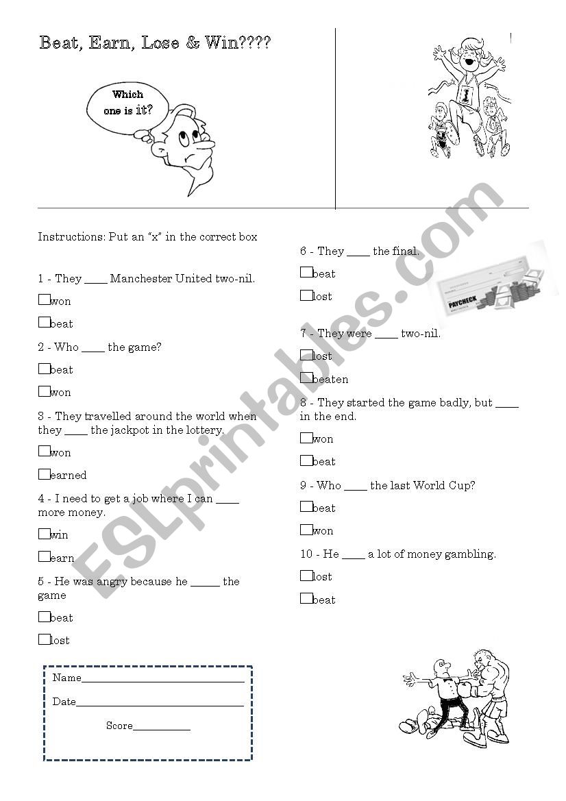 Beat, Earn, Win , Lose worksheet