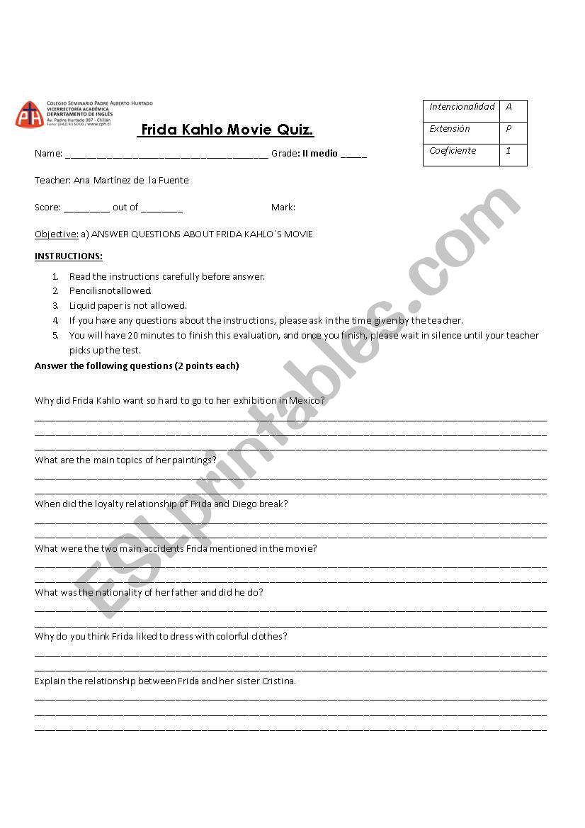 Frida Kahlo movie  quiz worksheet