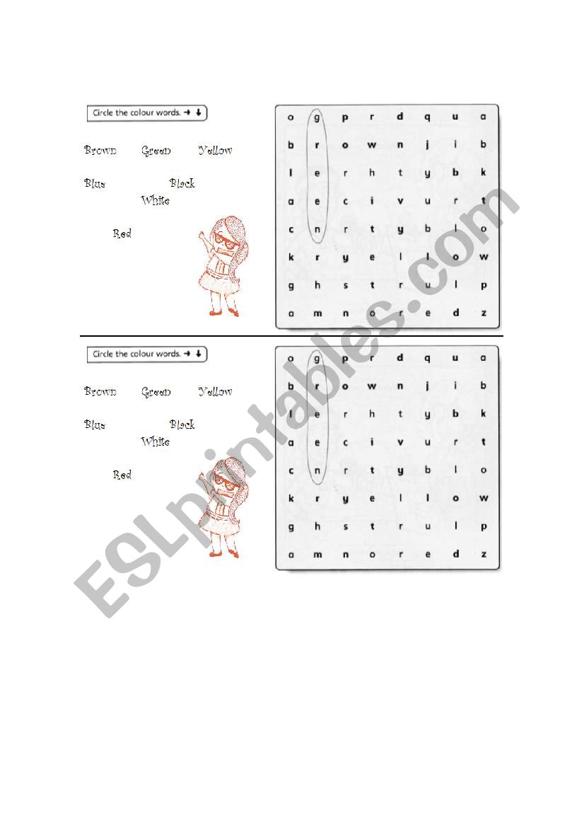 Colours word search worksheet