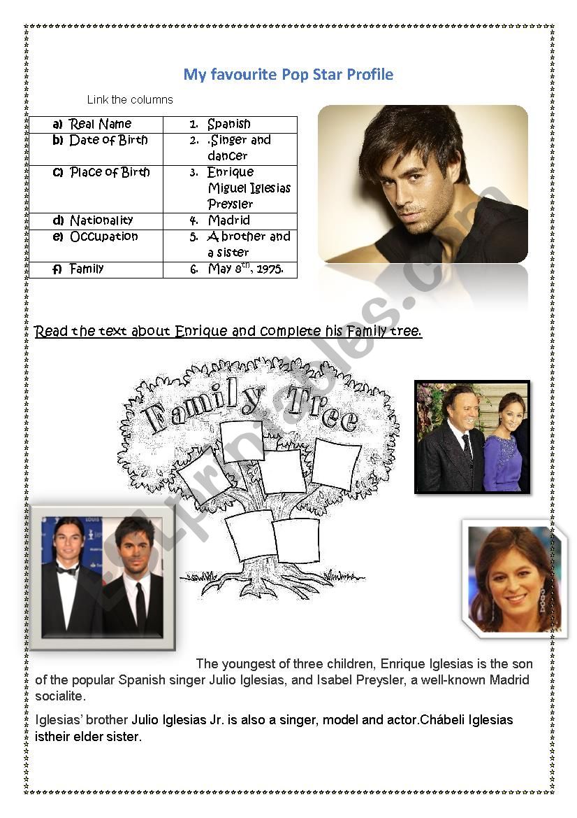 My favourite pop star profile worksheet