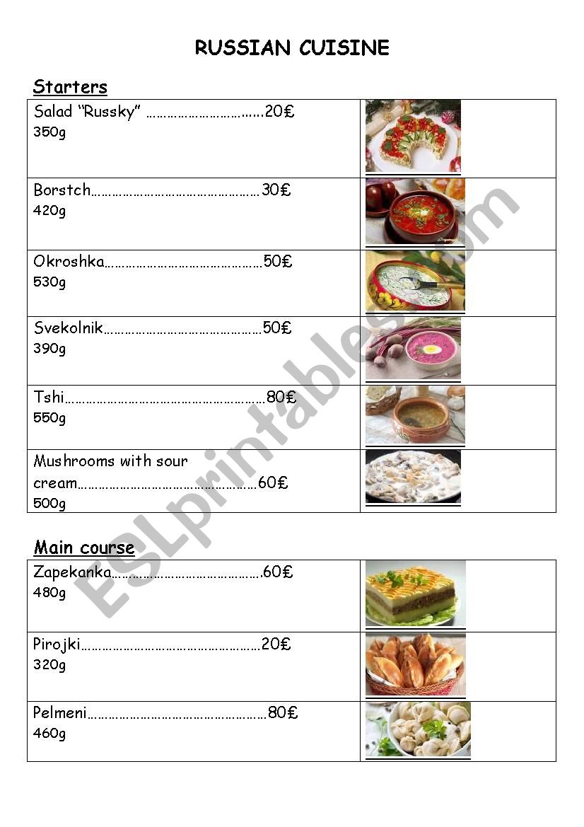 Russian menu worksheet