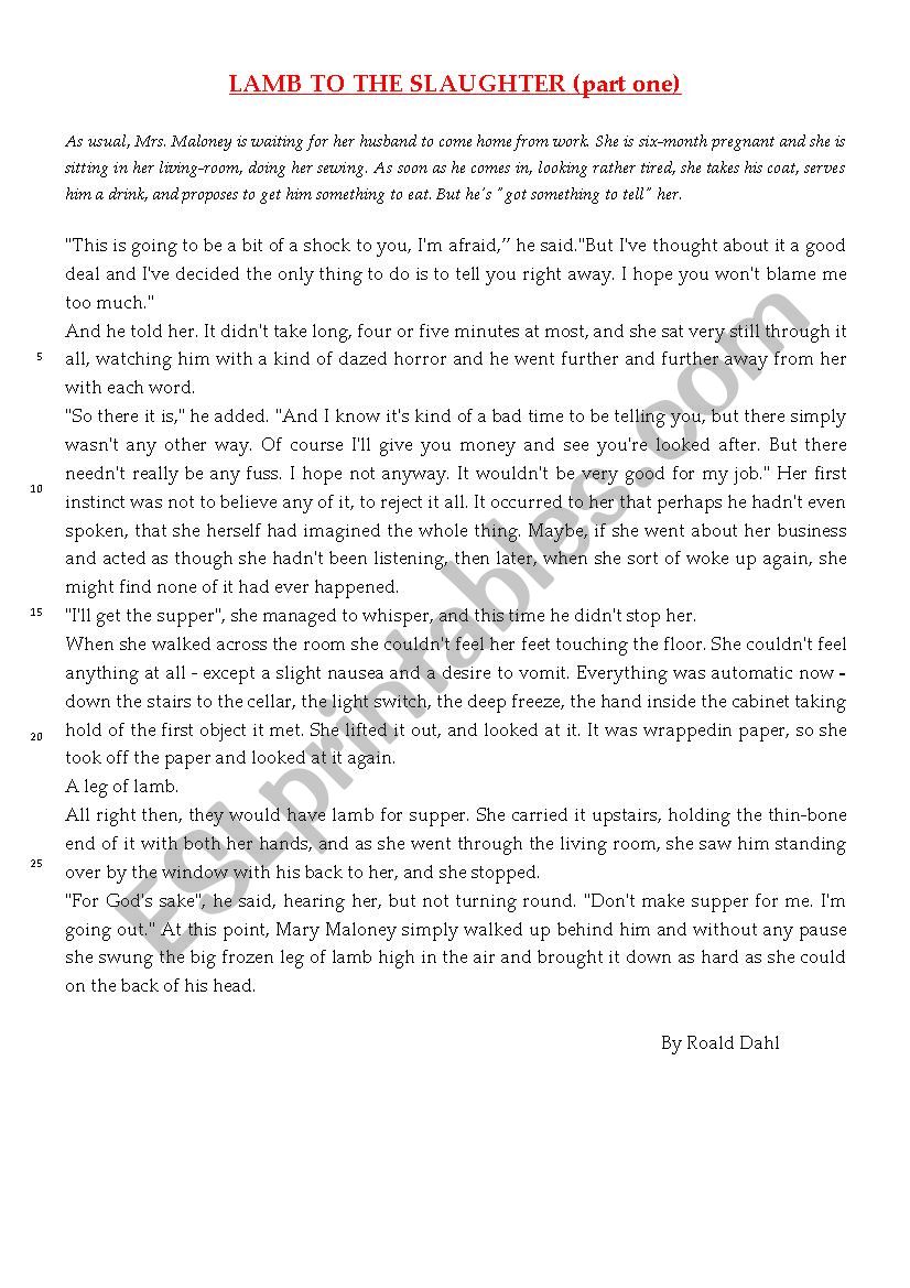 Lamb to the slaughter part I worksheet