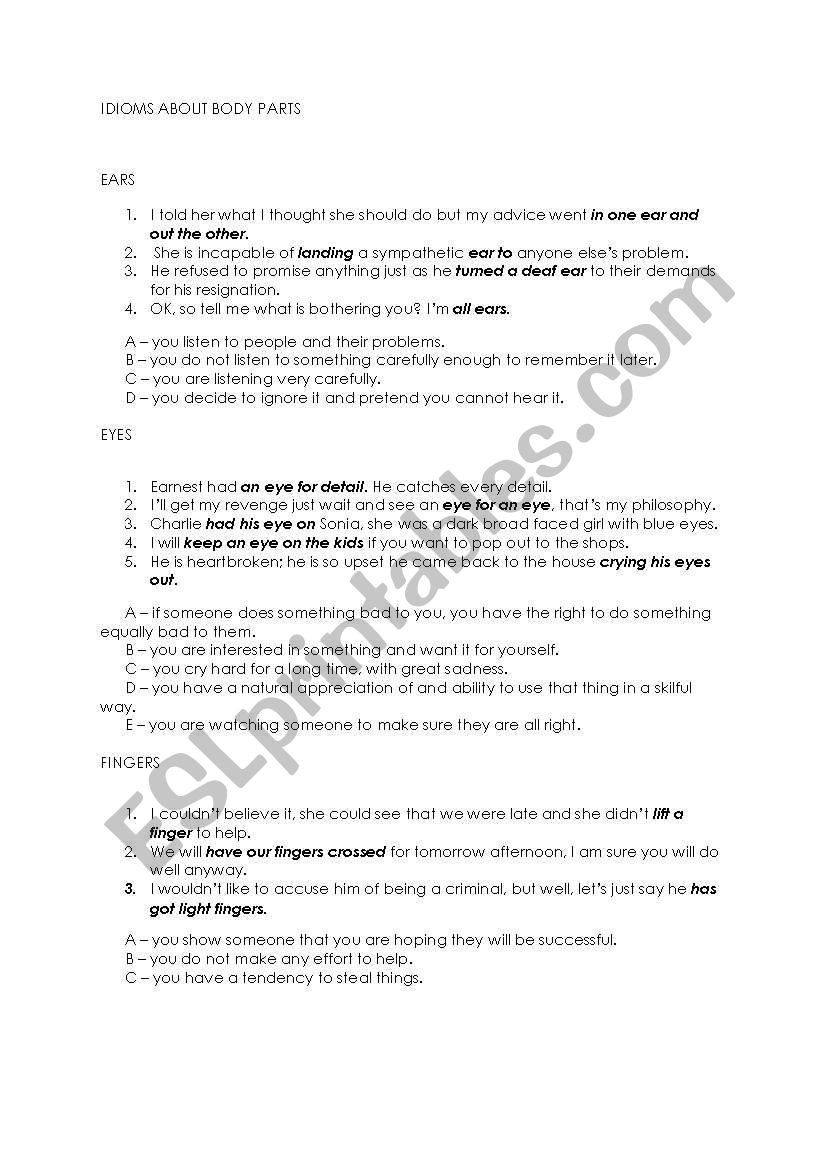 Idioms about body parts worksheet