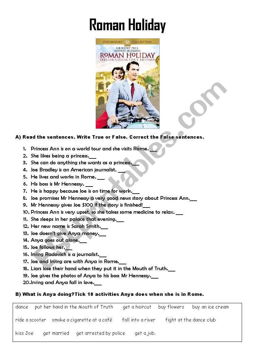 Roman Holiday Movie Worksheet worksheet