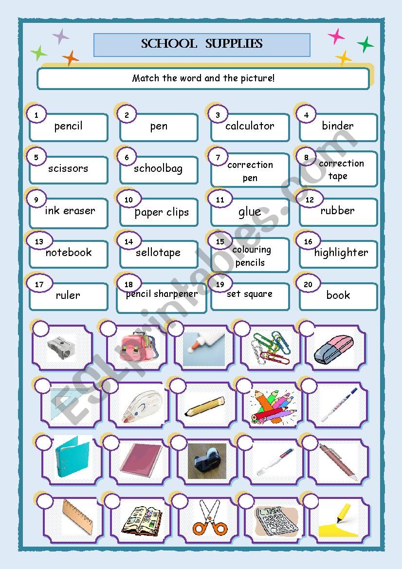 school supplies matching exercise worksheet 1/3