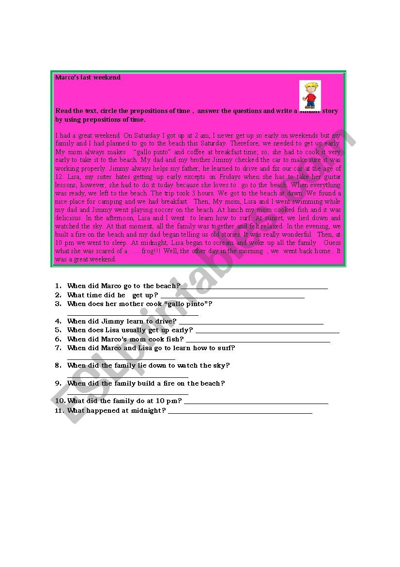 Text on prepositions of time worksheet