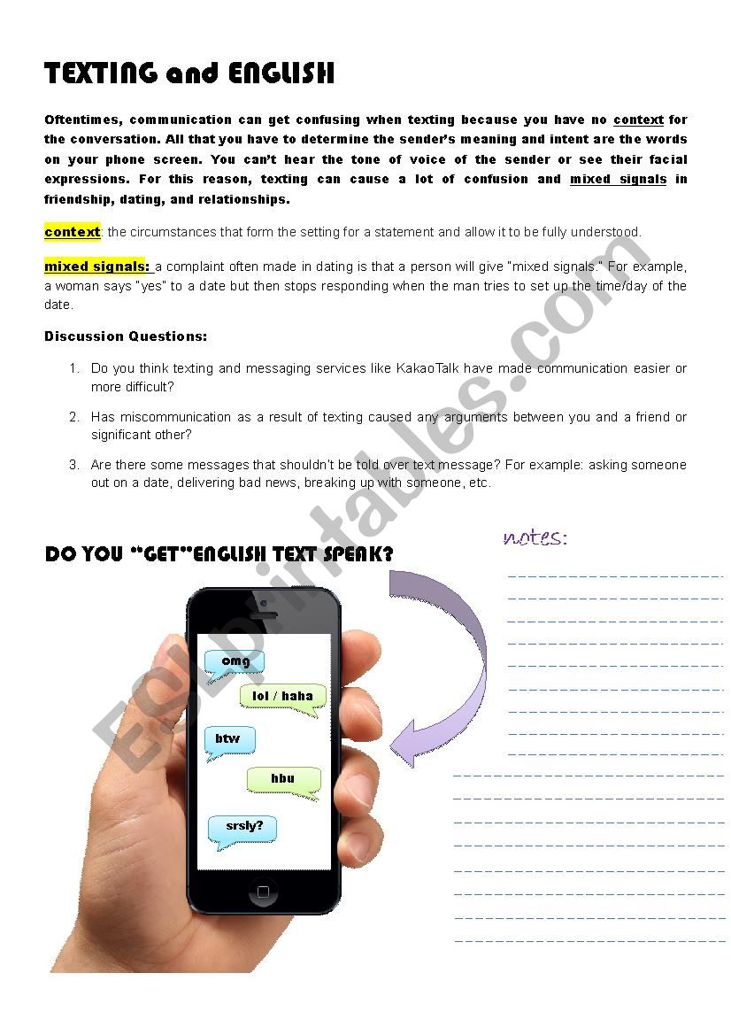 Adult ESL Discussion Worksheet: Texting in English