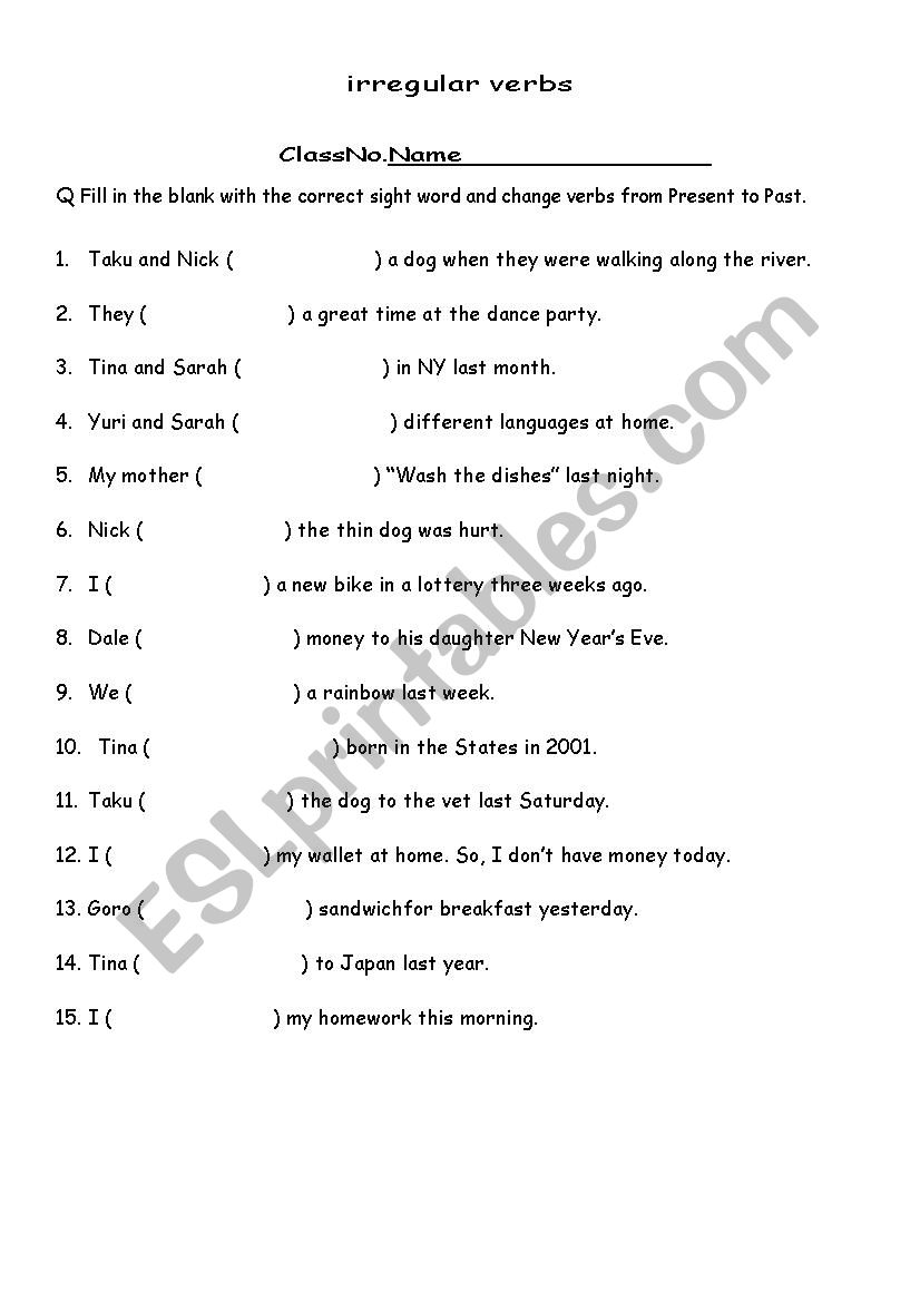 irregular verbs  worksheet