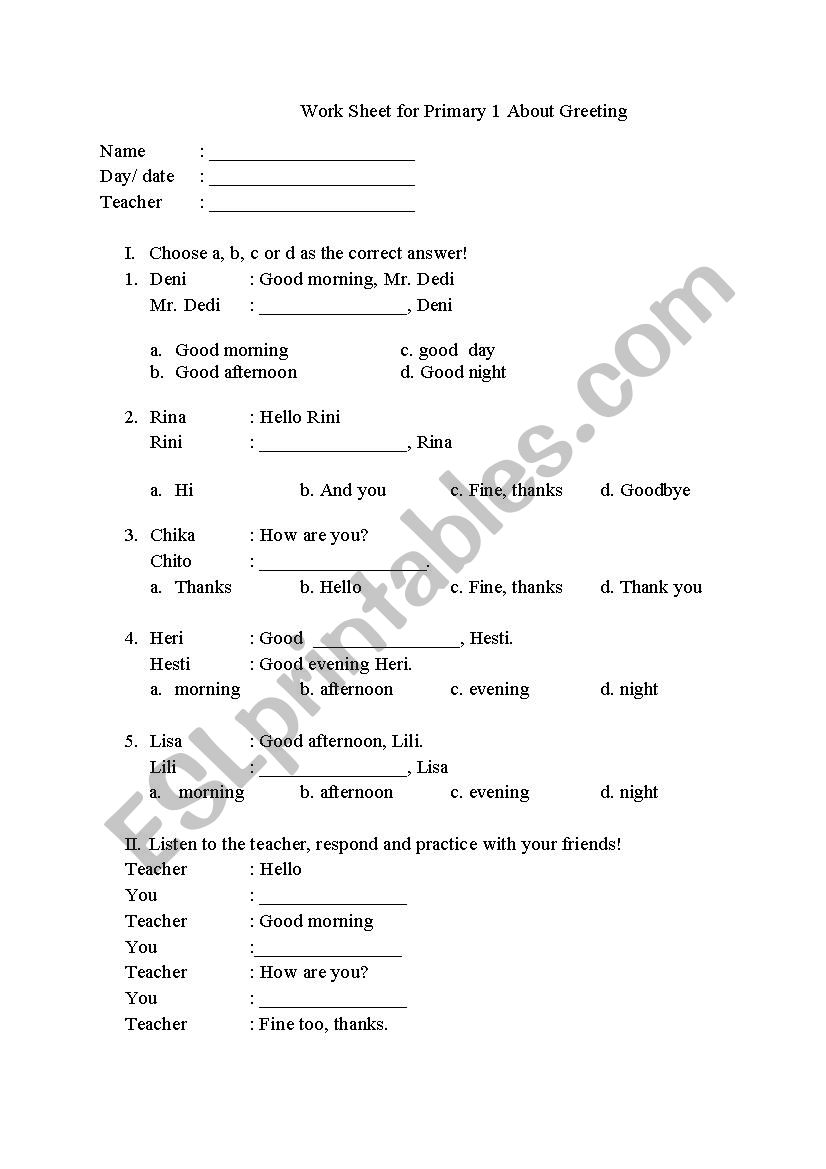 Greeting test worksheet