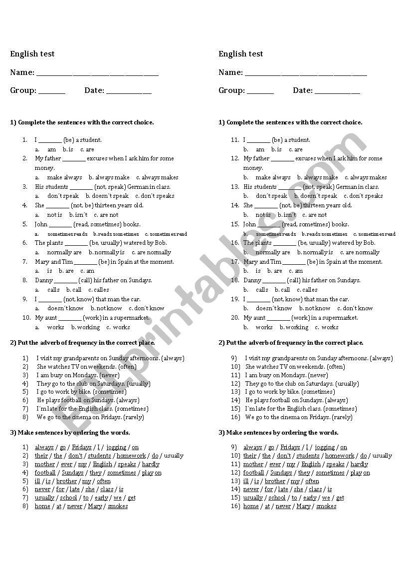 English diagnosis test worksheet
