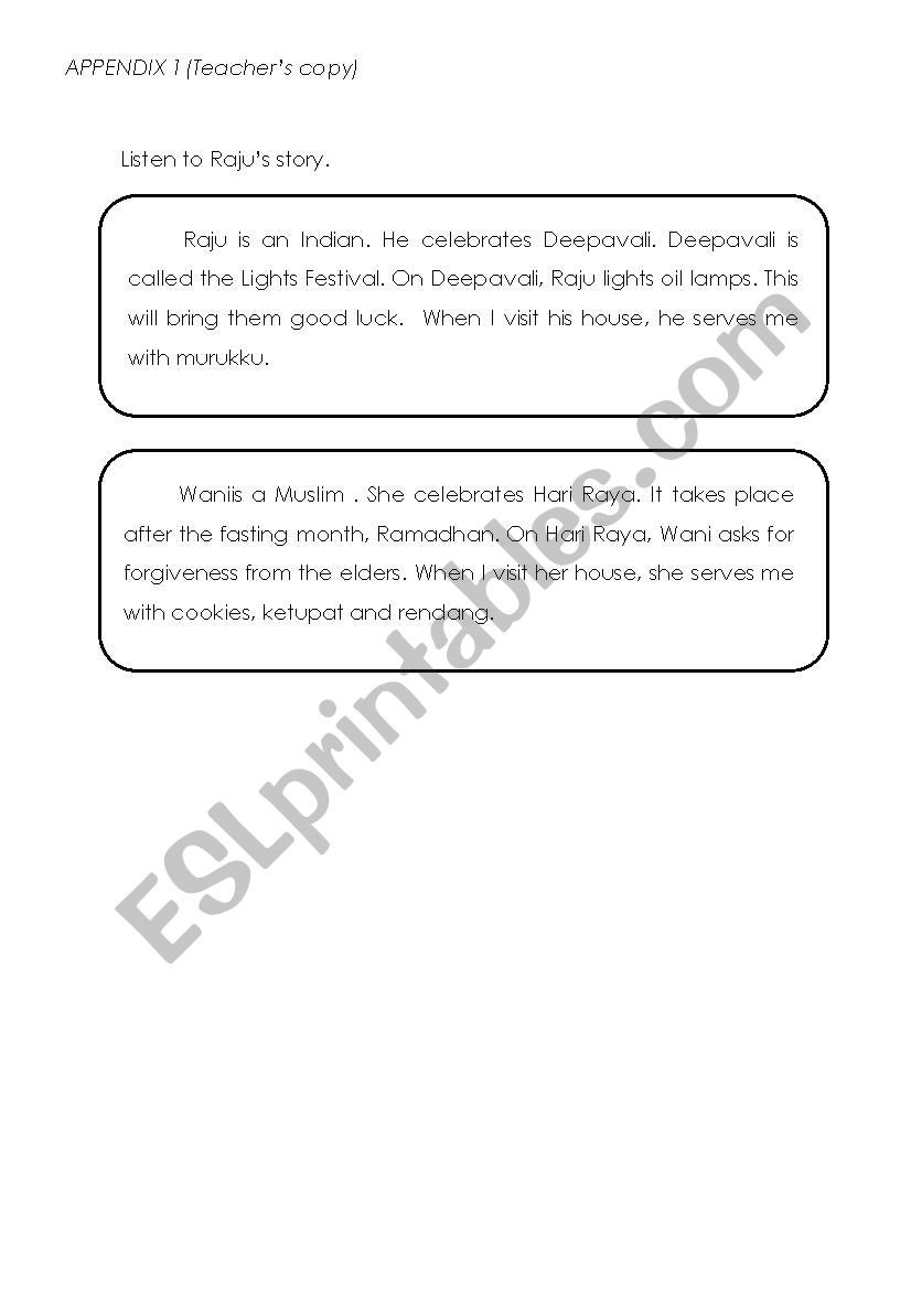 Listening and Speaking text for Deepavali and Hari Raya Aidilfitri 