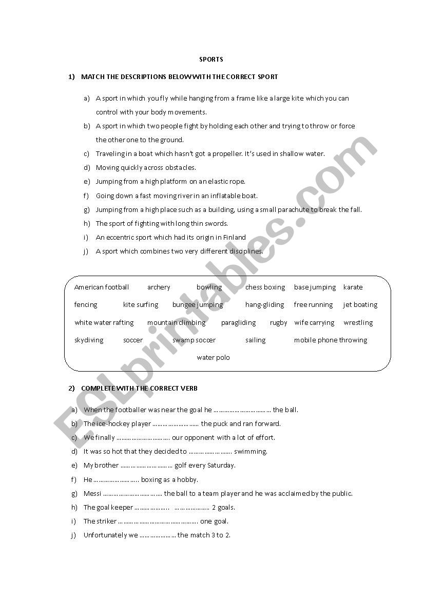  Sports worksheet