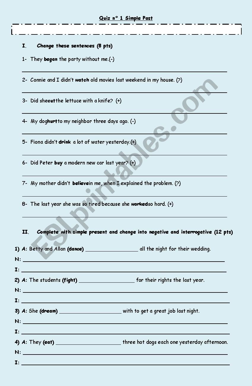 Simple past quiz worksheet