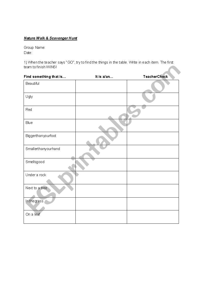 Scavenger Hunt worksheet