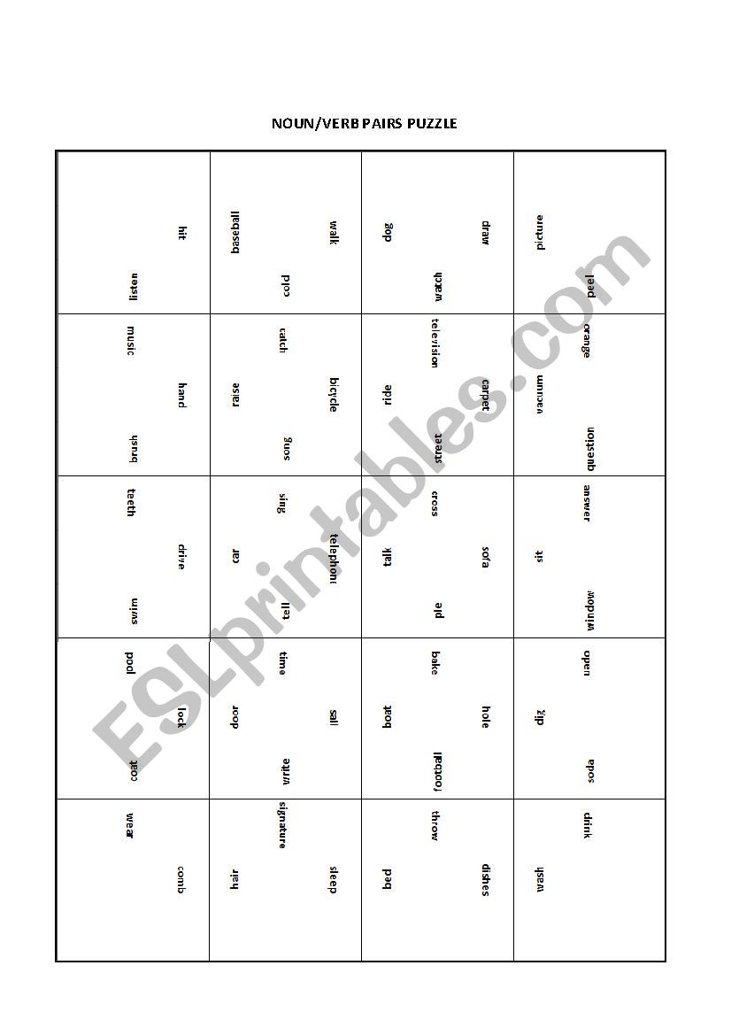 Square Puzzles for Noun/Verb Pairs and Idioms and Their Definitions