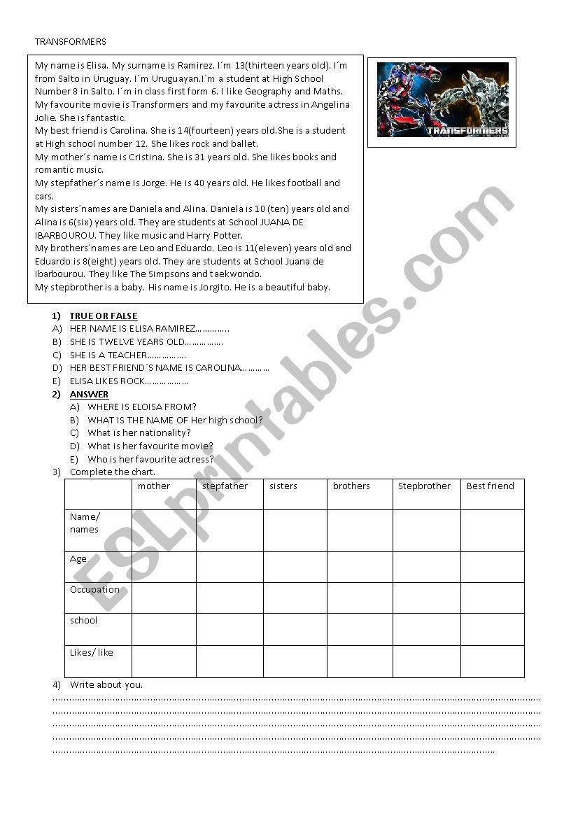 TRANSFORMERS worksheet