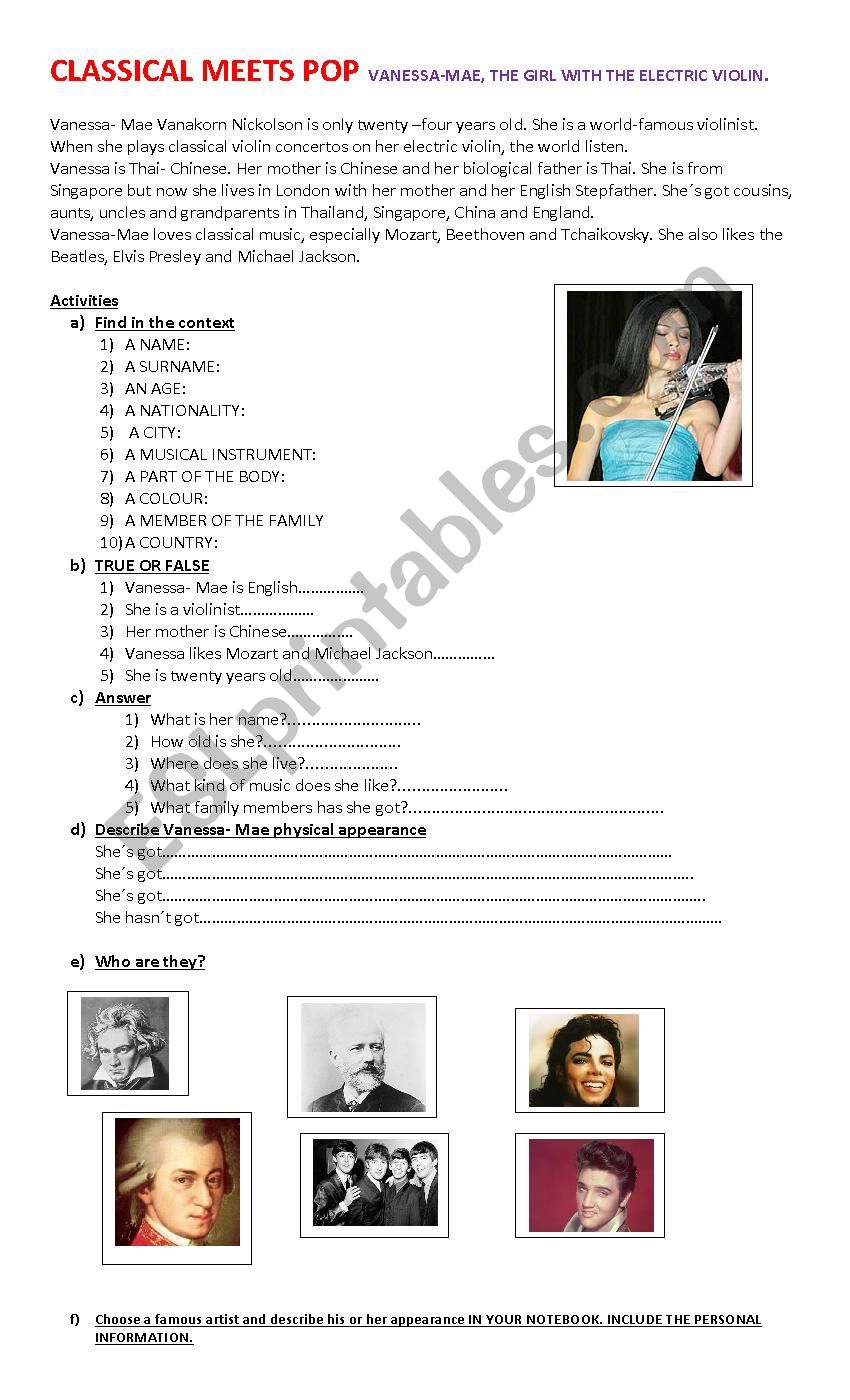 VANESSA MAE  worksheet