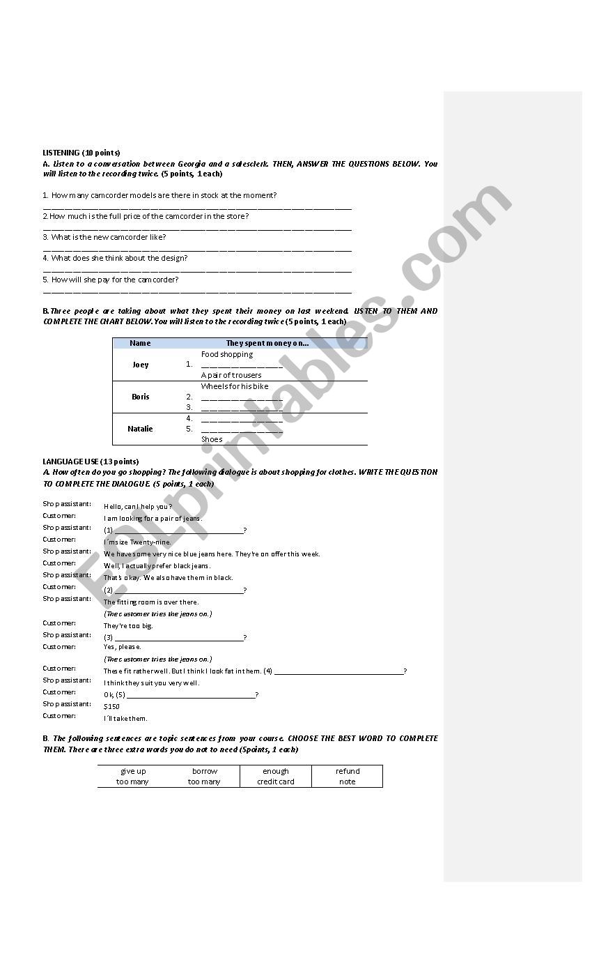 General English test worksheet